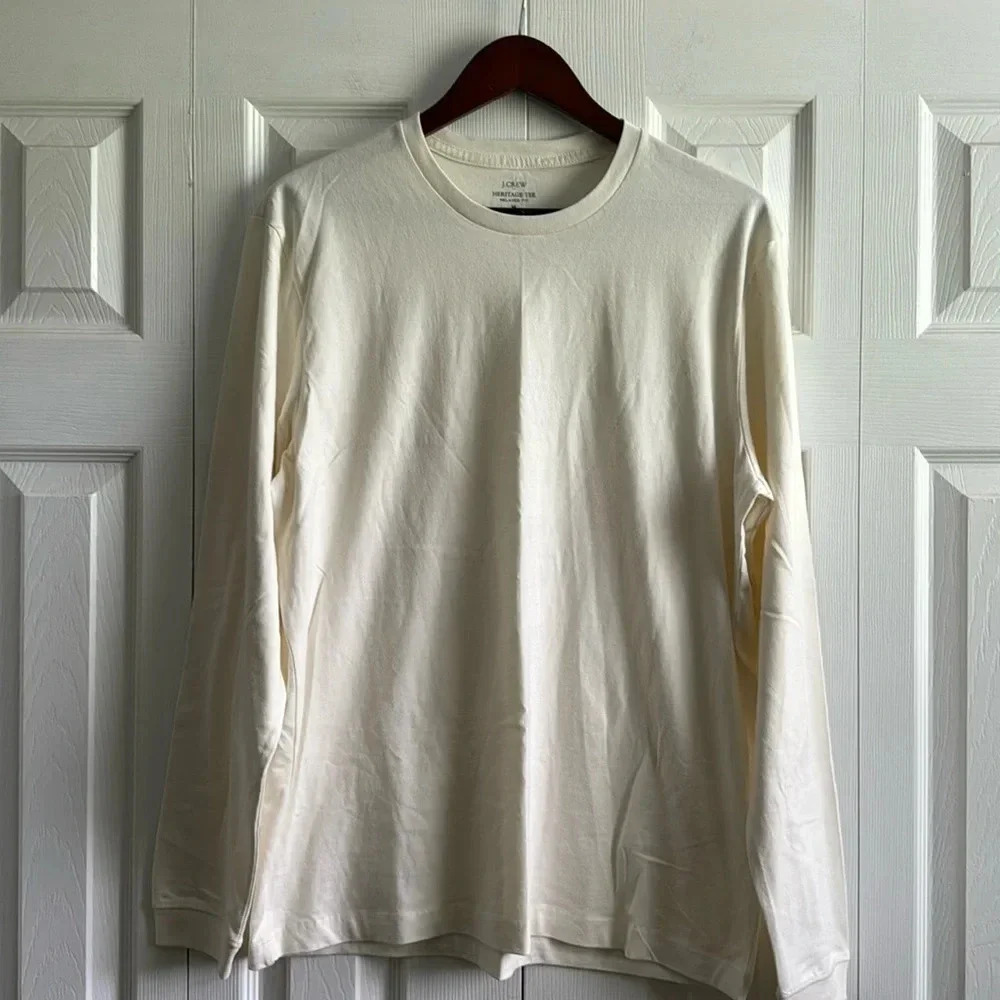 J. Crew Men's Long-Sleeve Broken-In T-Shirt in Solid White Cotton Size M